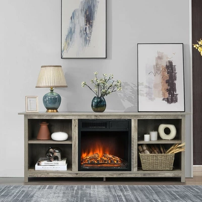 Costway 58'' 2-Tier Fireplace TV Stand W/18'' Electric Fireplace Grey Up To 65'' - Image 3