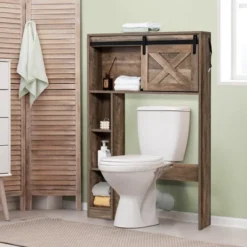 Costway Over The Toilet Bathroom Storage Cabinet With Sliding Barn Door Rustic Brown