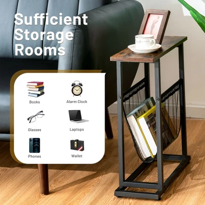 Costway Industrial End Side Table Mesh Magazine Holder Nightstand Rustic Brown - Image 7