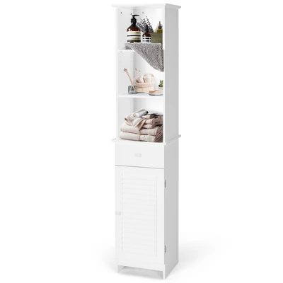 Costway Bathroom Tall Storage Cabinet Freestanding Linen Tower W/ Open Shelves & Drawer - Image 9