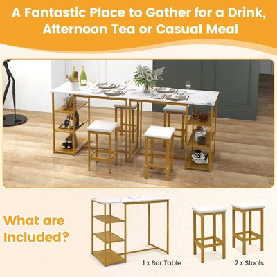 Costway 3PCS Bar Table Set Kitchen Counter Height Table 2 Stools Space Saving With Storage - Image 9