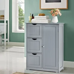 Costway Bathroom Floor Cabinet Side Storage Cabinet With 3 Drawers And 1 Cupboard Grey Black