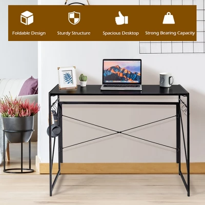 Costway Folding Computer Desk Writing Study Table W/6 Hooks Home Office BlackRustic BrowBrown Natural - Image 4
