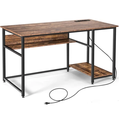 Costway 55'' Computer Desk Home Office PC Workstation W/ Power Outlets & USB Ports Rustic / Black - Image 10