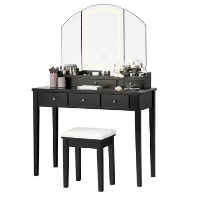 Costway Vanity Table Stool Set Large Tri-folding Lighted Mirror 6 Drawer Dresser WhiteBlack - Image 9