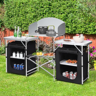 Costway Folding Portable Aluminum Camping Grill Table W/ Storage Organizer Windscreen Black