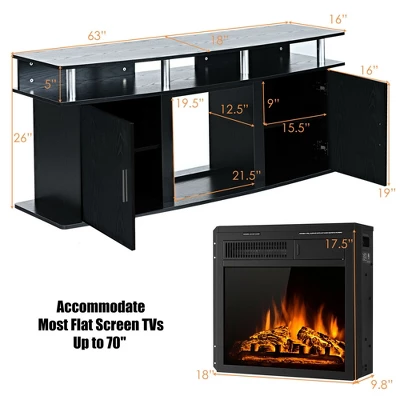 Costway 63'' Fireplace TV Stand W/18'' 1500W Electric Fireplace Up To 70'' Black