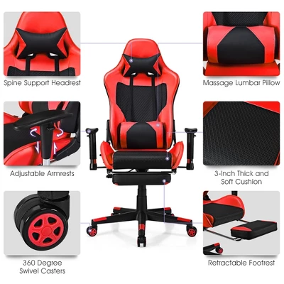 Costway Gaming Chair Massage Reclining Racing Office Computer Chair With Footrest Red - Image 9