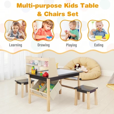 Costway Kids Art Table & Chairs Set Wooden Drawing Desk With Paper Roll Storage Shelf Bins - Image 6