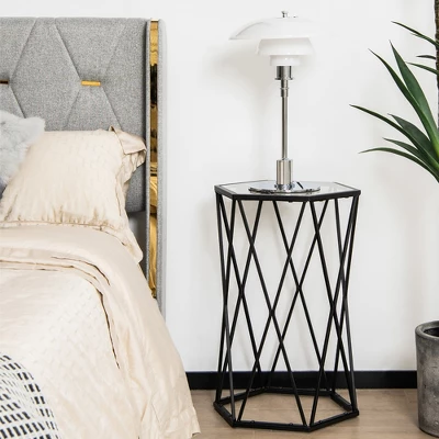 Costway End Table Tempered Glass Top Metal Frame Hexagonal Accent Side Table Living Room - Image 2