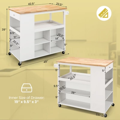 Costway Kitchen Island Trolley Cart On Wheels With Storage Open Shelves & Drawer White/Brown - Image 2