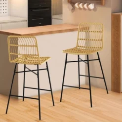 Costway Set Of 2 Rattan Bar Stools Counter Height Dining Chairs With Metal Legs Natural