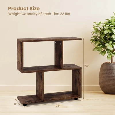Costway 2-Tier Bookshelf Free Standing Wooden Display S-Shaped Shelf Storage Rack Black/Brown - Image 2