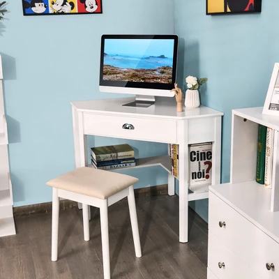 Costway Triangle Computer Desk Corner Office Desk Laptop Table W/ Drawer Shelves Rustic White - Image 3