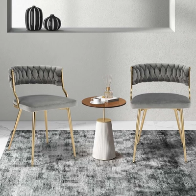Costway Velvet Dining Chair Set Of 2 Upholstered Modern Accent Chair With Woven Back Grey/White - Image 2