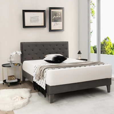 Costway Bed Frame Upholstered Platform Bed With Tufted Headboard Mattress Foundation - Image 6
