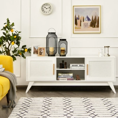 Costway TV Stand Entertainment Media Console W/ 2 Rattan Cabinets & Open Shelves - Image 3