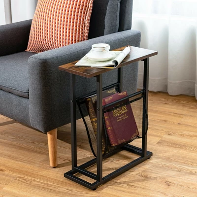 Costway Industrial End Side Table Mesh Magazine Holder Nightstand Rustic Brown - Image 2