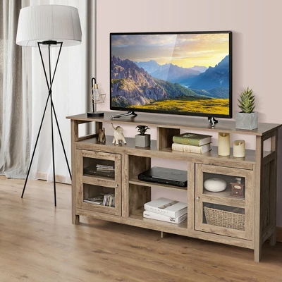 Costway 58'' TV Stand Entertainment Console Center W/ 2 Cabinets Up To 65'' GreyBlackWalnut - Image 2