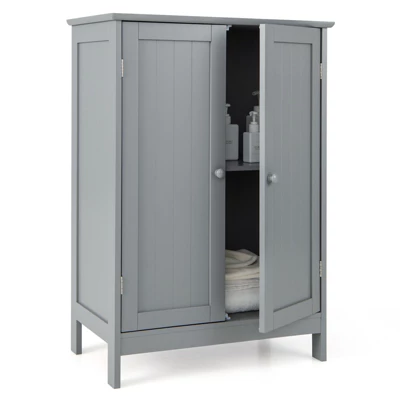 Costway Bathroom Floor Cabinet Wooden Floor Storage Cabinet Living Room Modern Grey - Image 9