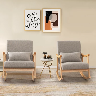 Costway Set Of 2 Rocking Chairs With Pillow Rocking Armchairs With Rubber Wood Frame Grey - Image 2