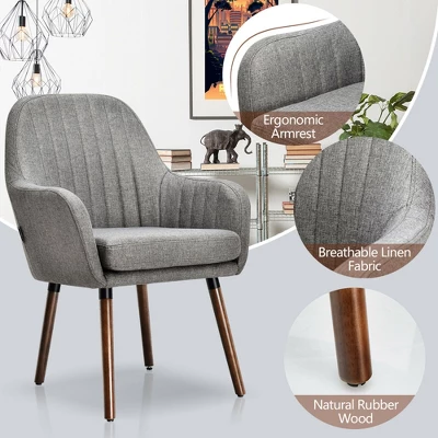 Costway Set Of 4 Accent Chairs Fabric Upholstered Armchairs W/Wooden Legs Beige/Gray - Image 9