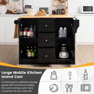 Costway Kitchen Island On Wheels Rolling Utility Cart Drawers Cabinets Spice Rack Black/White - Image 6