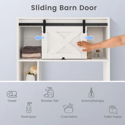 Costway Over The Toilet Bathroom Storage Cabinet With Sliding Barn Door & Shelves White - Image 4