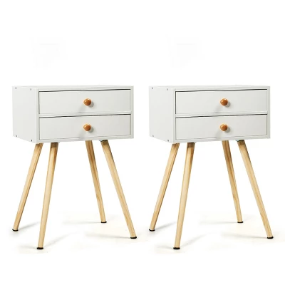 Costway 2PCS Mid Century Modern 2 Drawers Nightstand In White Sofa Side Table End Table - Image 9