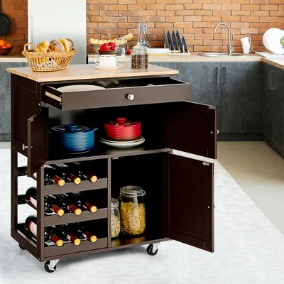 Costway Rolling Kitchen Island Serving Cart Storage Cabinet W/ Wine Rack - Image 2