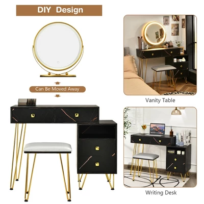 Costway Vanity Table Stool Set Dimmer LED Mirror Large Storage Cabinet Drawer Walnut BlackBrownWhite - Image 9