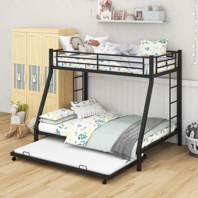 Costway Twin Over Full Metal Bunk Bed With Trundle Slats Support For Teens Adults Black - Image 4