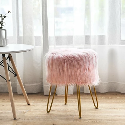 Costway Faux Fur Vanity Chair Makeup Stool Furry Padded Seat Round Ottoman Pink/White