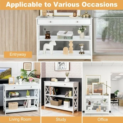 Costway 3-Tier Console Table X-Design Sofa Entryway Table With Drawer & Shelves Gray Espresso - Image 5