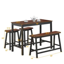 Costway 4 Pcs Solid Wood Counter Height Table Set W/ Height Bench & Two Saddle Stools Brown