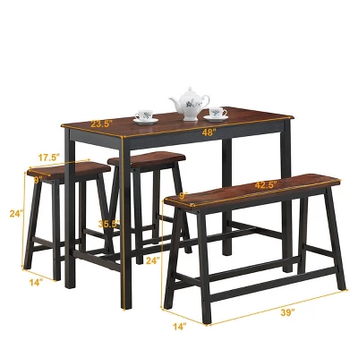 Costway 4 Pcs Solid Wood Counter Height Table Set W/ Height Bench & Two Saddle Stools Brown