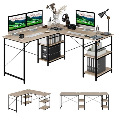 Costway 95'' Convertible L-shaped Corner Computer Desk 2-Person Long Desk Shelves Rustic/Black/Grey/Natural - Image 13
