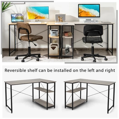 Costway 48'' Reversible L Shaped Computer Desk Home Office Table Adjustable Shelf BrownGrayNatural - Image 7