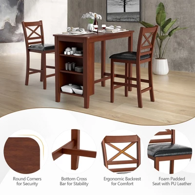 Costway 3PCS Pub Dining Table Set W/ Storage Shelves&2 Upholstered Chairs Walnut - Image 7
