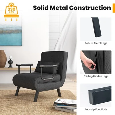 Costway Folding 6 Position Armchair Lounge Couch Convertible Sleeper Bed W/ Pillow Gray - Image 7