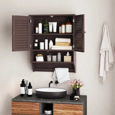 Costway Bathroom Wall Mounted Medicine Cabinet With Louvered Doors & Towel Bar Espresso/Grey/White - Image 3