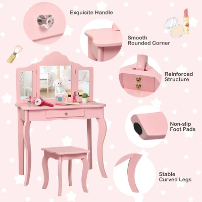 Costway Kids Vanity Table & Stool Princess Dressing Make Up Play Set For Girls Pink - Image 5