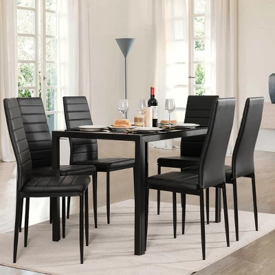 Costway 7 PCS Kitchen Dining Table Set Breakfast Furniture W/ Glass Top Padded Chair - Image 4