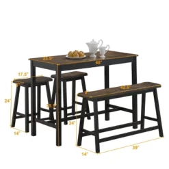 Costway 4 Pcs Solid Wood Counter Height Table Set W/ Height Bench & Two Saddle Stools