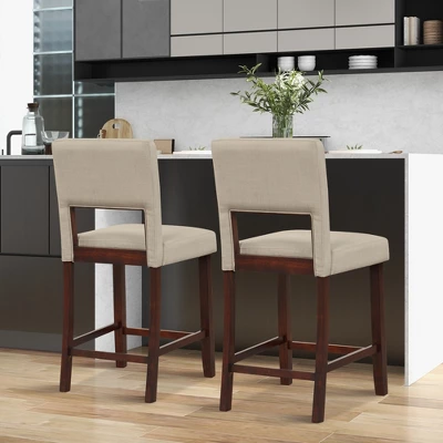 Costway Set Of 2 Upholstered Linen Bar Stools 24.5'' Wooden Dining Chairs With Back Beige/Brown - Image 2