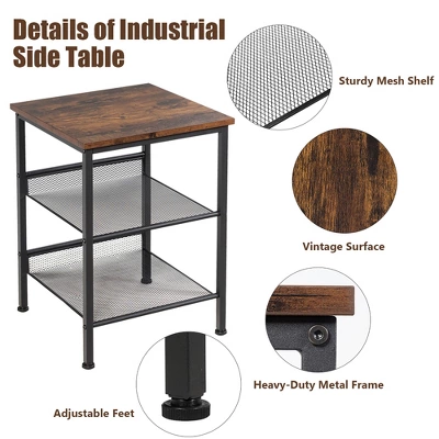 Costway Set Of 2 3-Tier Industrial End Side Table Nightstand W/2 Adjustable Shelves - Image 8