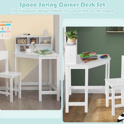 Costway Kids Corner Desk & Chair Set Wooden Study Writing Workstation With Storage & Hutch - Image 3