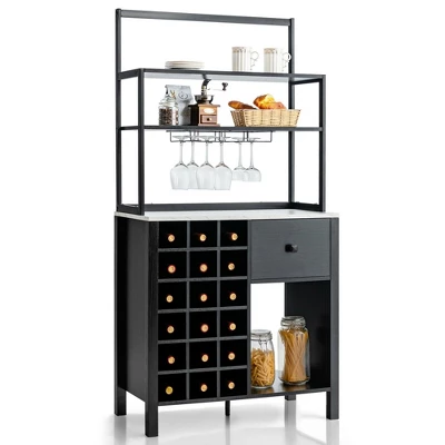 Costway Kitchen Islands Freestanding Wine Rack Table W/ Glass Holder & Drawer Black / Rustic - Image 9