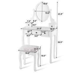 Costway Makeup Desk Vanity Dressing Table Oval Stool 5 Storage Drawers