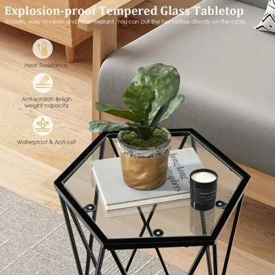 Costway End Table Tempered Glass Top Metal Frame Hexagonal Accent Side Table Living Room - Image 5